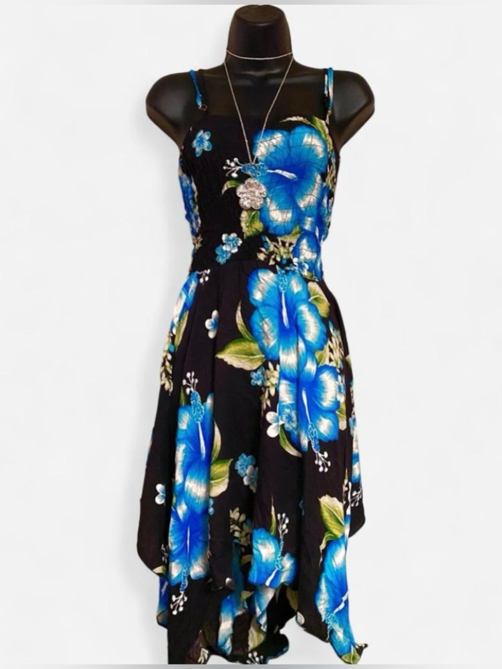 Y2k Black & Blue Hawaiian Floral Dress with Pixie Hem